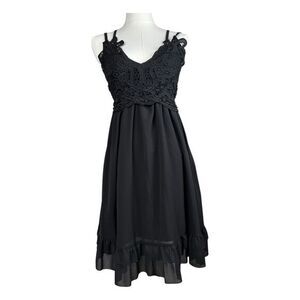 Crochet Babydoll Dress Womens Size S Black Strappy Tiered Ruffle Romantic Witchy